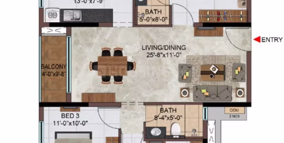 1330 Sqft 3 BHK Floor Plan