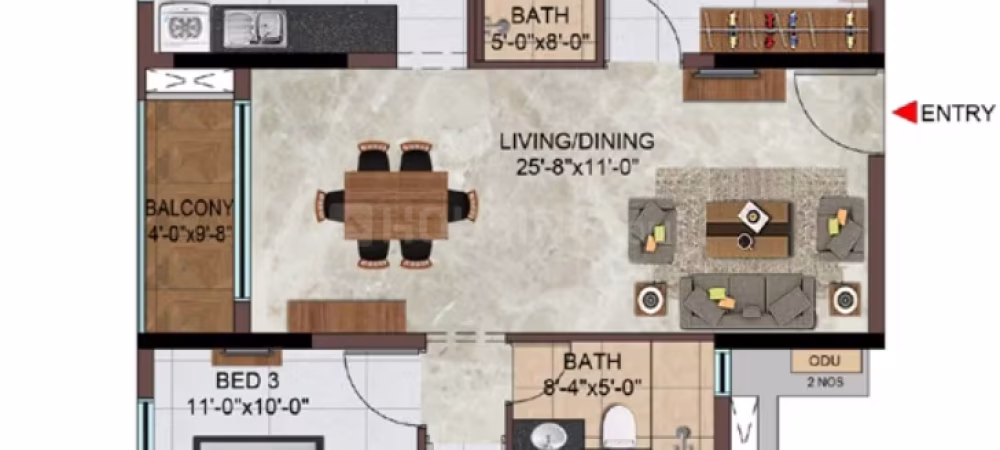 1330 Sqft 3 BHK Floor Plan