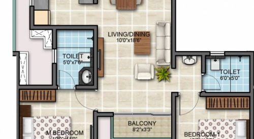 Bollineni Zion Floor Plan 2 BHK 885 Sqft