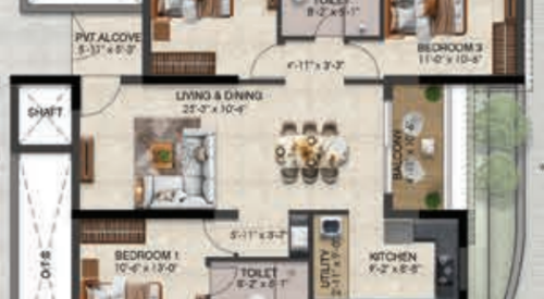 Solitaire floor plan 3bhk 1504 Sqft